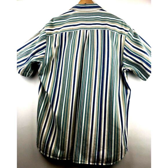 Vintage 90s GUESS JEANS Mens Large Striped Canvas Button Front Shirt Blue Tan - Picture 5 of 5